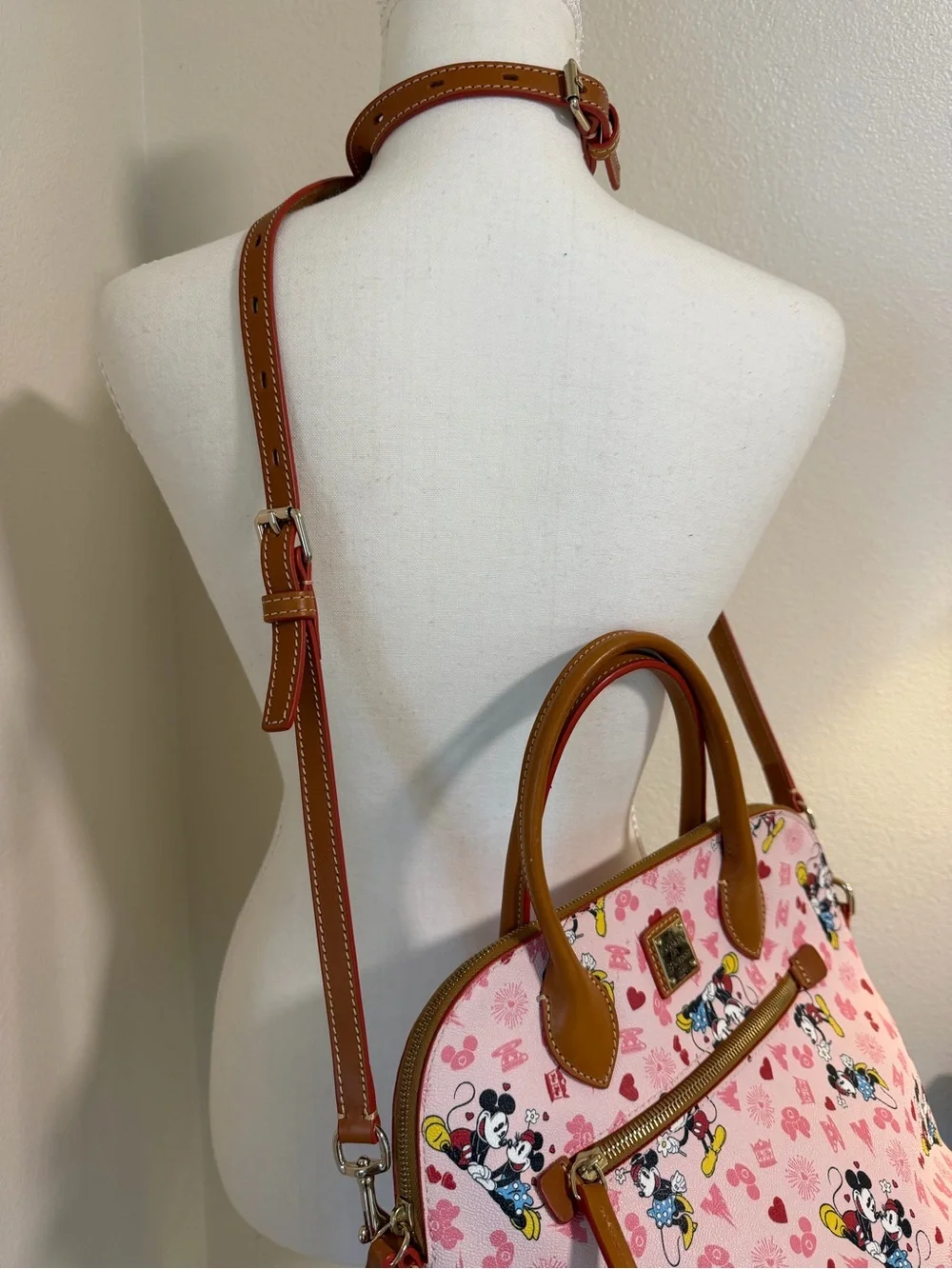 Dooney & Bourke Disney Mickey Mouse Print Satchel Purse Brown Trim Love Heart